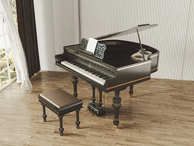 Black Grand Piano With Brown Stool On Wooden Floor Near Window Curtain And Music Sheet 3d model