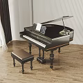 Black Grand Piano With Brown Stool On Wooden Floor Near Window Curtain And Music Sheet