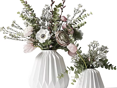 White Geometric Ceramic Vases Floral Arrangement With Pink Roses Green Eucalyptus And White Blooms 3d model