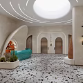 SPA Sauna Interior Featuring Circular Ceiling Skylight Ring Light Strips Arched Door And Terrazzo Floor