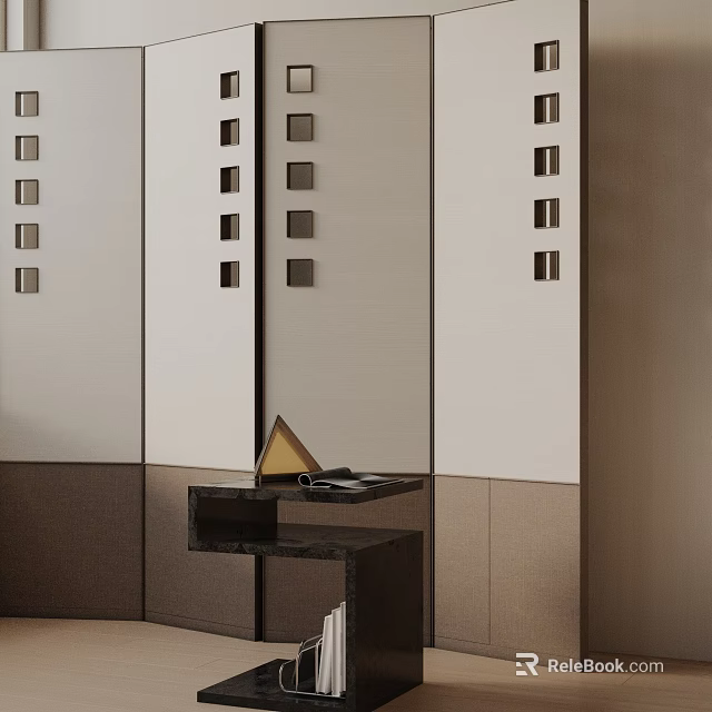 Black Side Table with Gold Triangle Decor and Gray Brown Cabinetry with Square Cutout Panels 3d model 