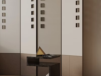 Black Side Table with Gold Triangle Decor and Gray Brown Cabinetry with Square Cutout Panels 3d model