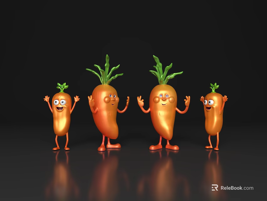 Four Cartoon Anthropomorphic Carrots With Eyes Arms Legs On Dark Background With Reflection 3d model 