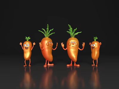 Four Cartoon Anthropomorphic Carrots With Eyes Arms Legs On Dark Background With Reflection 3d model