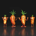 Four Cartoon Anthropomorphic Carrots With Eyes Arms Legs On Dark Background With Reflection