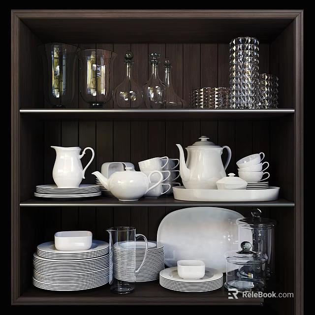 White Dinnerware Set with Pitchers Cups Plates Bowls and Glassware Displayed on Kitchen Shelves 3d model 