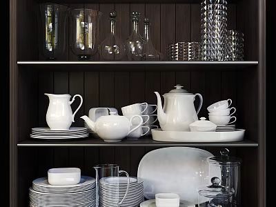 White Dinnerware Set with Pitchers Cups Plates Bowls and Glassware Displayed on Kitchen Shelves 3d model