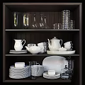 White Dinnerware Set with Pitchers Cups Plates Bowls and Glassware Displayed on Kitchen Shelves