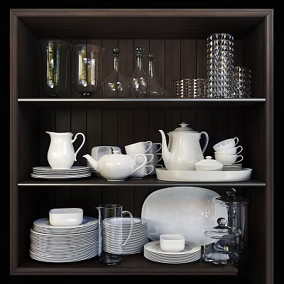 White Dinnerware Set with Pitchers Cups Plates Bowls and Glassware Displayed on Kitchen Shelves 3d model