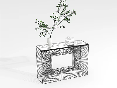 Black Wire Design Glass Top Console Table With White Vase Green Plants And Small Decor 3d model