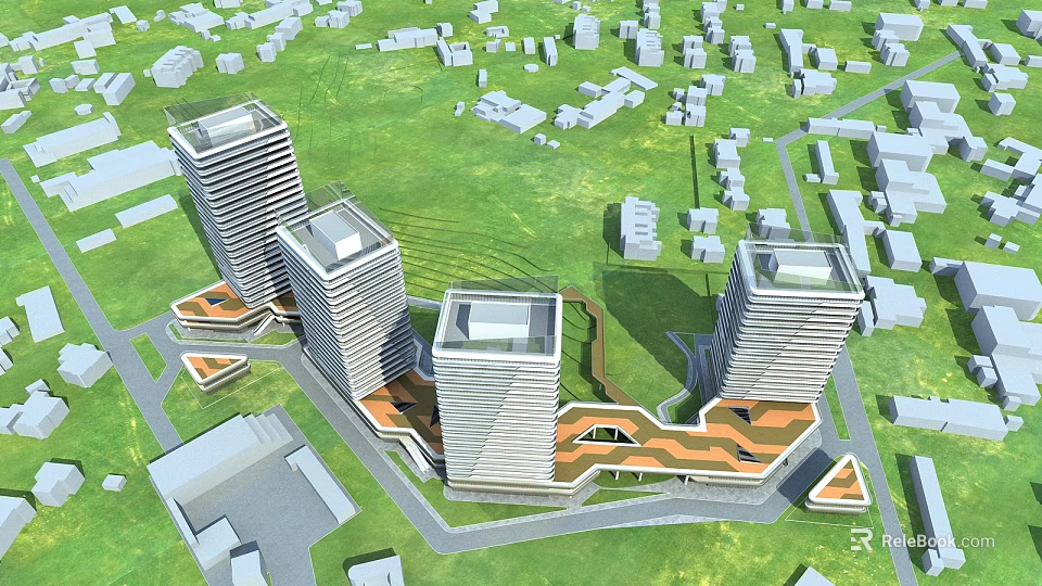 Modern High Rise Office Buildings With Green Spaces Pedestrian Walkways And Urban Design 3d model 