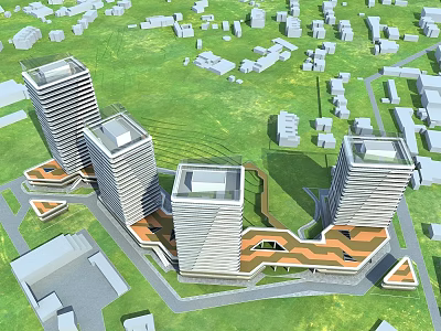 Modern High Rise Office Buildings With Green Spaces Pedestrian Walkways And Urban Design 3d model