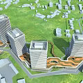 Modern High Rise Office Buildings With Green Spaces Pedestrian Walkways And Urban Design