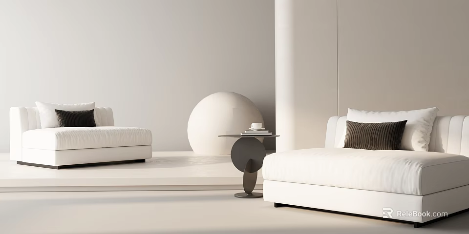 White Single Sofa With Black Cushion In Modern Minimalist Interior And Round Side Table 3d model