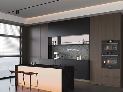 Modern Kitchen Bar Counter with Black Countertop Lighting Stools Dark Cabinets Window Blinds Coffee Machine 3d model