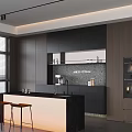Modern Kitchen Bar Counter with Black Countertop Lighting Stools Dark Cabinets Window Blinds Coffee Machine