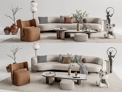 Sofa Coffee Table Combination Light Gray Sofa Brown Accent Chair Wooden Stools Vase On Rug 3d model
