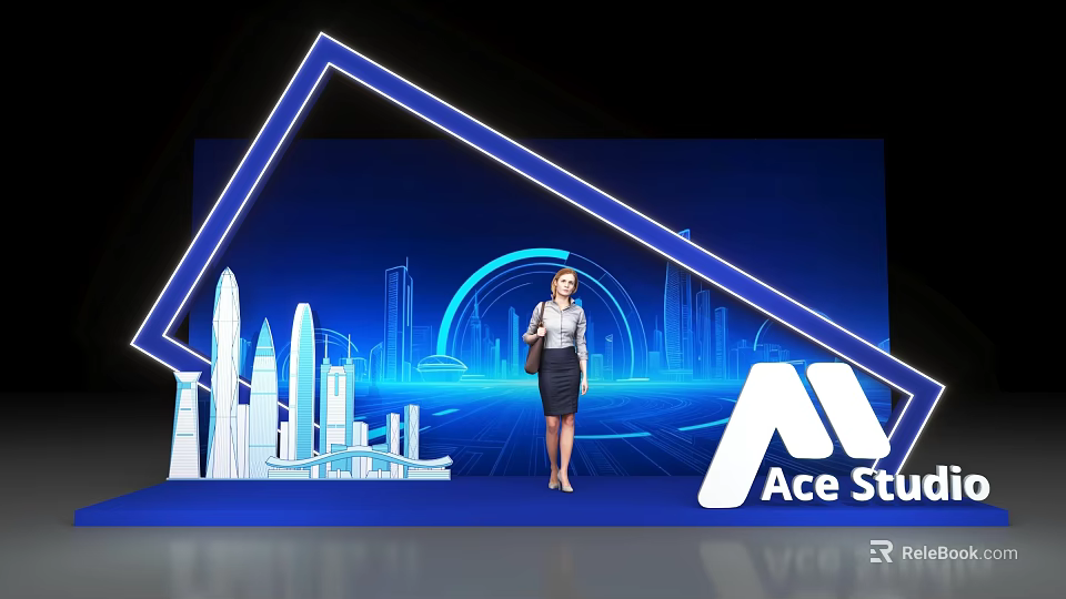 Ace Studio Photo Spot With Blue Geometric Frame And City Skyline Background 3d model 