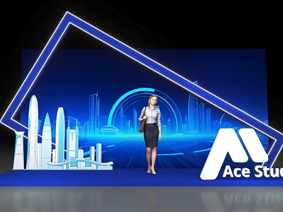 Ace Studio Photo Spot With Blue Geometric Frame And City Skyline Background 3d model