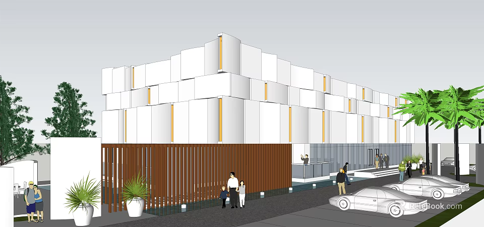 Modern Building Exterior With White Cubic Design Yellow Accent Stripes And Wooden Brown Fence 3d model 