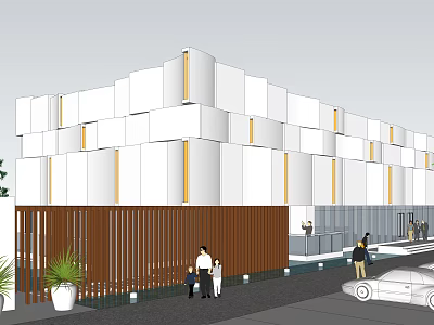 Modern Building Exterior With White Cubic Design Yellow Accent Stripes And Wooden Brown Fence 3d model