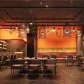 Elegant Restaurant Interior Featuring Hanging Chandeliers Orange Walls Wooden Accents And Warm Lighting
