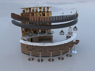 Modern Curved Bar Counter With Marble Top High Stools Pendant Lights And Wine Racks 3d model