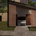 Modern Public Restroom Exterior With Wooden Cladding Glass Door Lawn And Trees