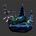Blue Glowing Pine Trees With Green Mossy Log And Small Stones On Island Base