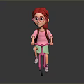 Game Movie Character with Red Hair Glasses Pink Striped Shirt Blue Shorts Riding Pink Bicycle