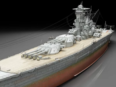 Historical Battleship With Large Turrets Gray Hull Red Bottom And Wooden Deck 3d model