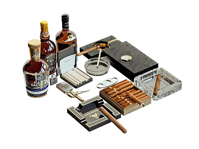 Elegant Whiskey Bottles And Glasses With Cigars Ashtray Lighter And Accessories 3d model
