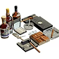 Elegant Whiskey Bottles And Glasses With Cigars Ashtray Lighter And Accessories