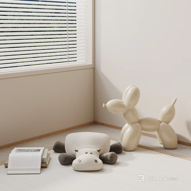 Soft Plush And Balloon Dog Dolls In Room Corner 3d model 