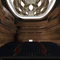 Modern Theater Auditorium Interior With Wooden Tiers Blue Seats And Ceiling Lighting