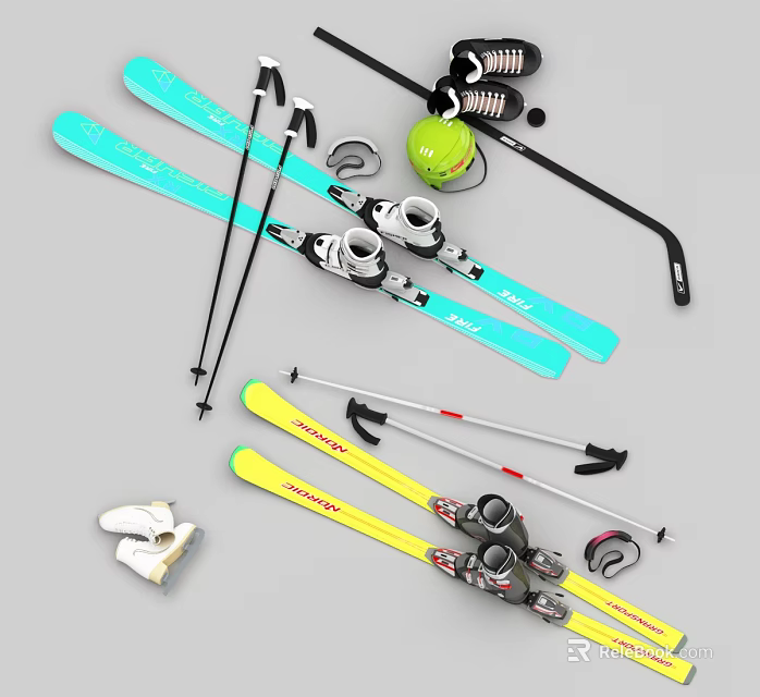 Essential Winter Sports Equipment Including Skis Poles Ice Skates Hockey Stick And Ball 3d model 
