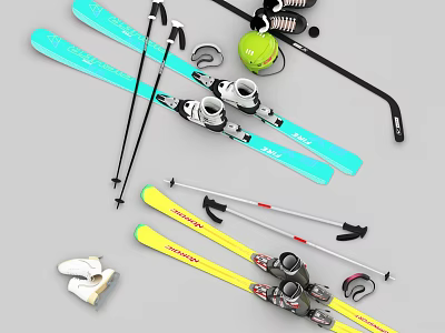Essential Winter Sports Equipment Including Skis Poles Ice Skates Hockey Stick And Ball 3d model