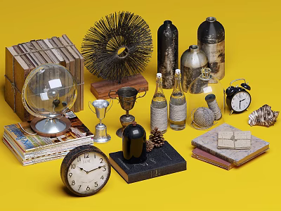 Vintage Decorative Ornament Combination With Globe Trophy Clocks Bottles Books And Pine Cones On Yellow Background 3d model