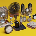Vintage Decorative Ornament Combination With Globe Trophy Clocks Bottles Books And Pine Cones On Yellow Background