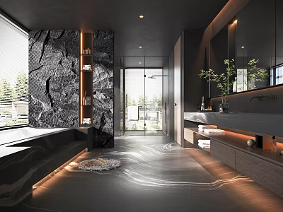 Modern Bathroom Interior With Black Marble Wall Open Shower Large Window And Double Vanity 3d model