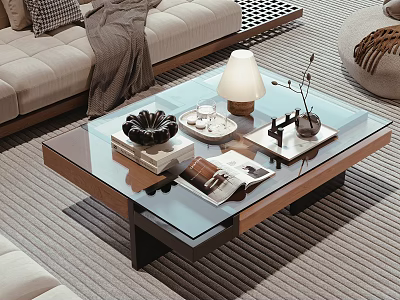 Modern Coffee Table With Glass Top Wooden Frame Table Lamp Decorative Bowl And Magazines 3d model