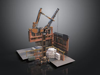 Industrial Construction Equipment With Crane Platform Stacked Boxes And Structural Parts 3d model