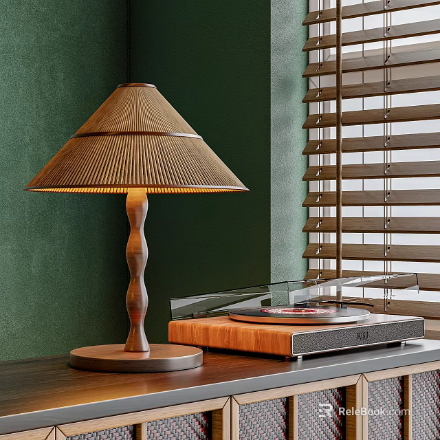 Modern Wooden Table Lamp With Textured Shade Near Vinyl Record Player On Green Wall 3d model 