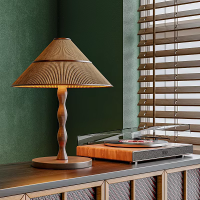 Modern Wooden Table Lamp With Textured Shade Near Vinyl Record Player On Green Wall 3d model