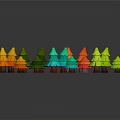Colorful Cartoon Christmas Trees In Various Colors On Black Background With Reflections