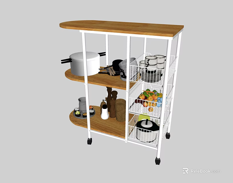 Kitchen Cart With Wooden Top White Metal Frame Holding Pots Baskets Fruits And Bottles 3d model 