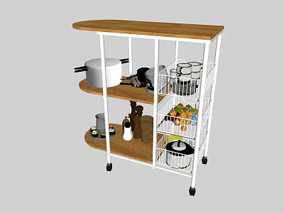 Kitchen Cart With Wooden Top White Metal Frame Holding Pots Baskets Fruits And Bottles 3d model