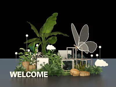Elegant Floral Installation with Green Plants Butterfly Decoration Cloud Elements Geometric Frames and Welcome Sign 3d model