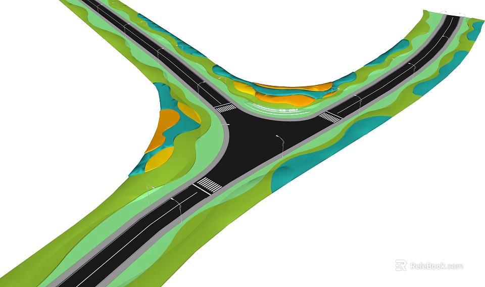 Municipal Road Design with Intersection Multiple Lanes and Green Landscaping Features 3d model 