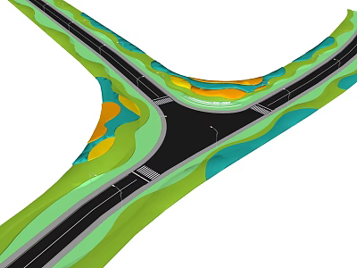 Municipal Road Design with Intersection Multiple Lanes and Green Landscaping Features 3d model